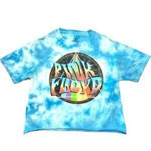 Pink Floyd Band Tee Blue Tie Dye Cropped Raw Hem Crew Neck Cotton Size Small